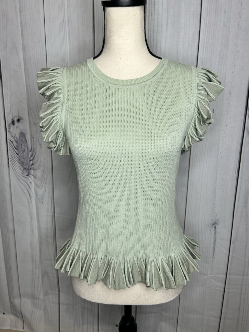 Lalavon Sweater Ruffle Cap Sleeves Women's Size L Pointelle Pullover Sage Green